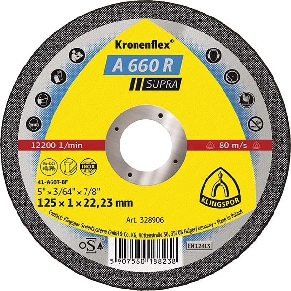 Диск отрезной для стали SUPRA A660R 115x1x22mm Klingspor