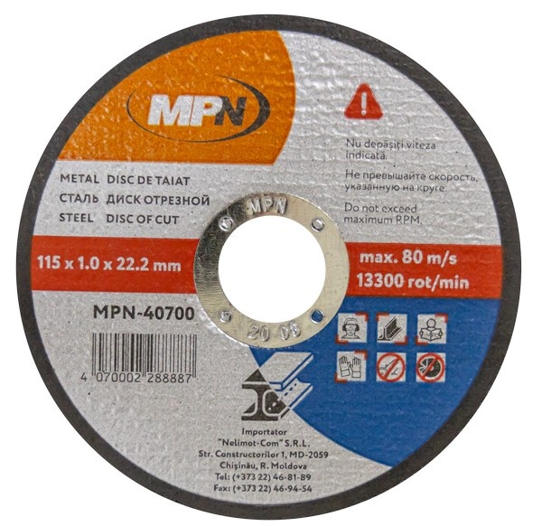 Диск отрезной по металлу 115x1.0x22mm MPN